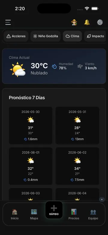 El Rancho Pro: clima y riesgo (modo oscuro)