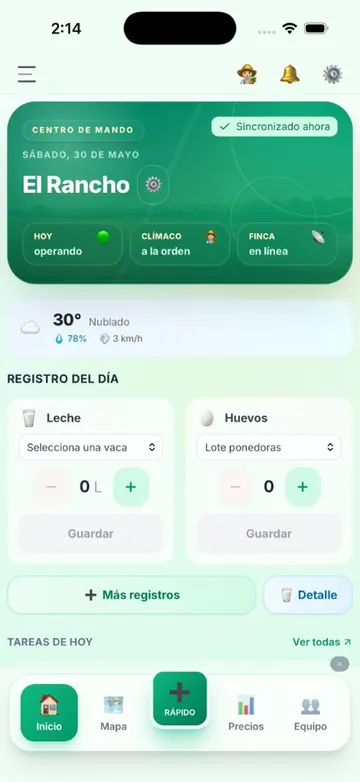 El Rancho Pro: inicio — resumen del día (modo claro)