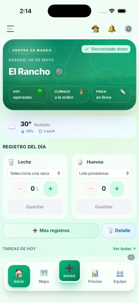 El Rancho Pro: inicio — resumen del día (modo claro)