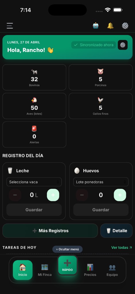 El Rancho Pro: inicio — resumen del día (simulador iPhone, modo oscuro de la app)