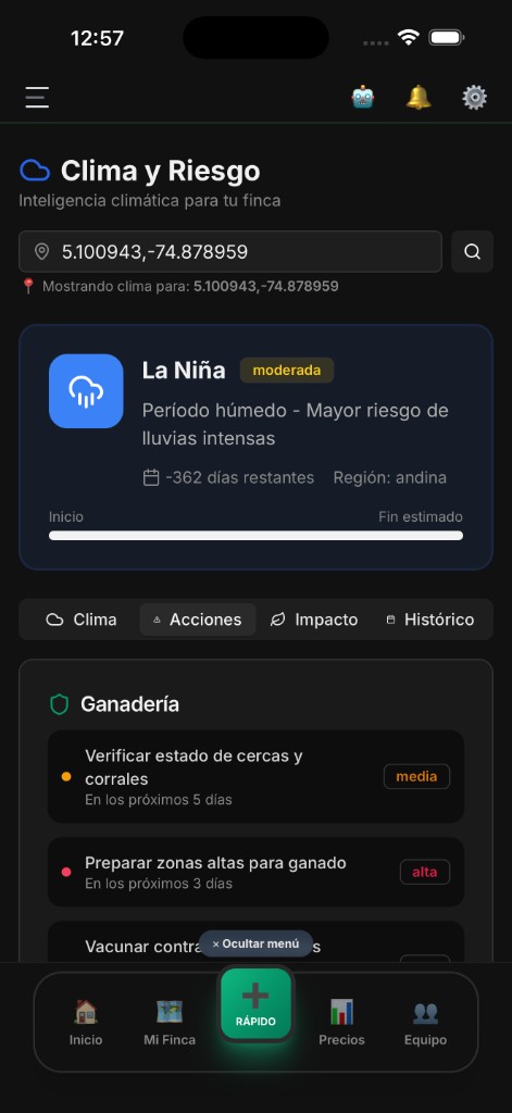 El Rancho Pro: clima y riesgo (modo oscuro)