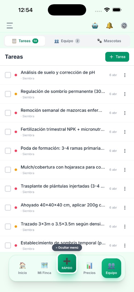 El Rancho Pro: tareas y equipo admin (modo claro)