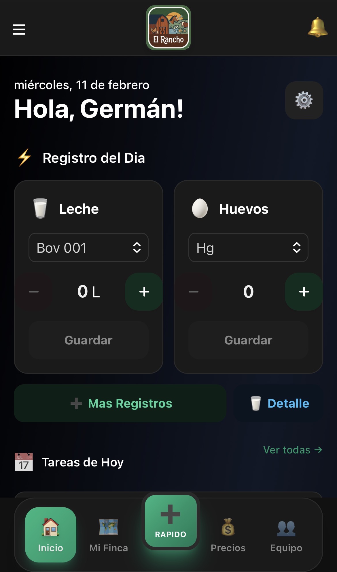Inicio empleado – Registro del día, leche y huevos (modo oscuro)