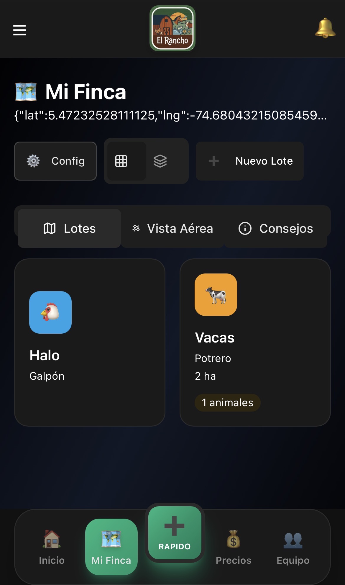 Mi Finca – Lotes y vista de la finca (modo oscuro)